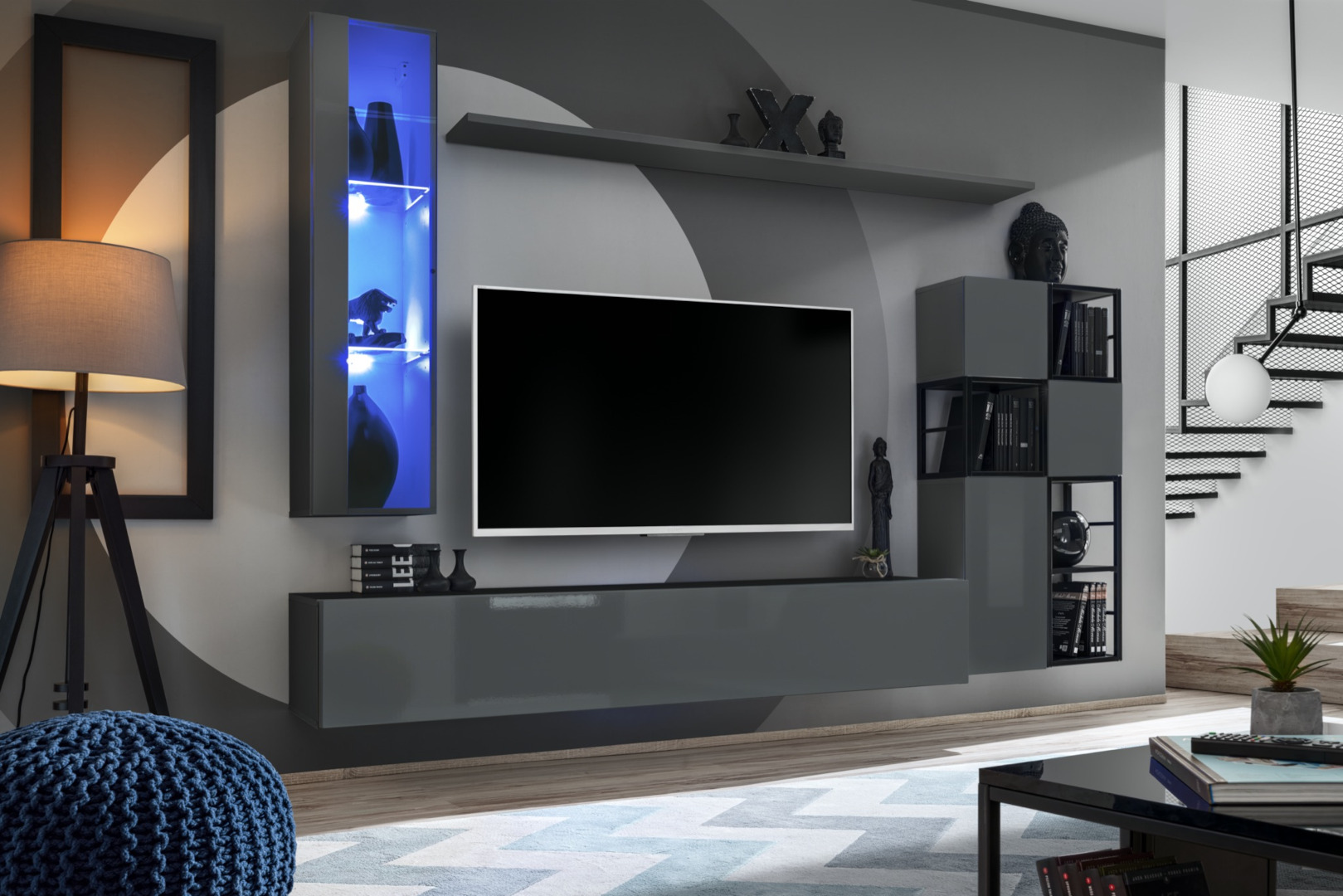 Modern wall unit with LED lighting in a stylish living room, featuring white high-gloss cabinets, open glass shelves, and ambient blue LED lights next to a flat-screen TV.