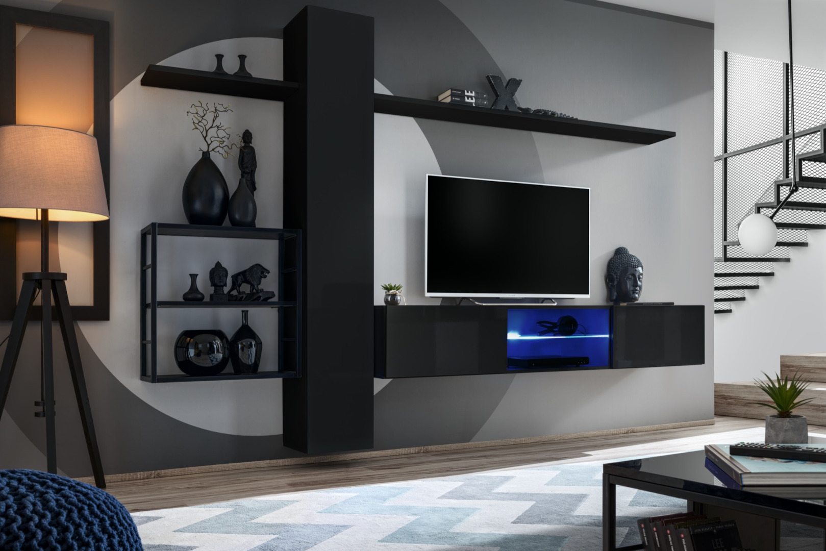 Modern wall unit with LED lighting in a stylish living room, featuring high-gloss cabinets, open glass shelves, and ambient blue LED lights next to a flat-screen TV.